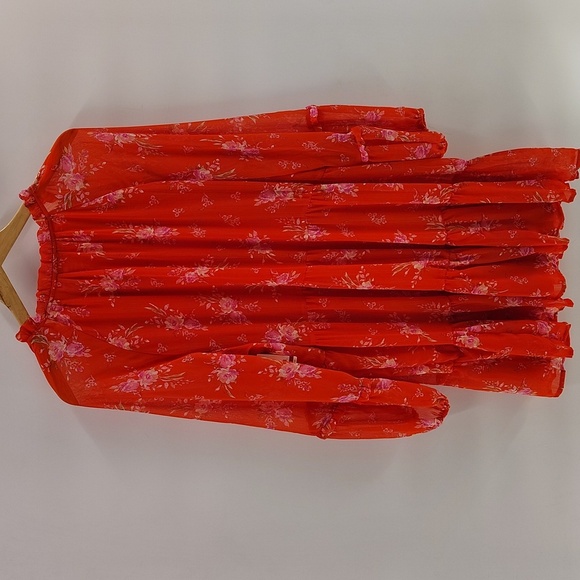 Vince Camuto Orange Floral Dress Size XL Sheer Long Sleeve Flowy V Neck Tiered - Picture 12 of 12